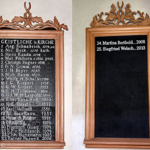 Tafel mit Liste der Pfarrer in Presseck